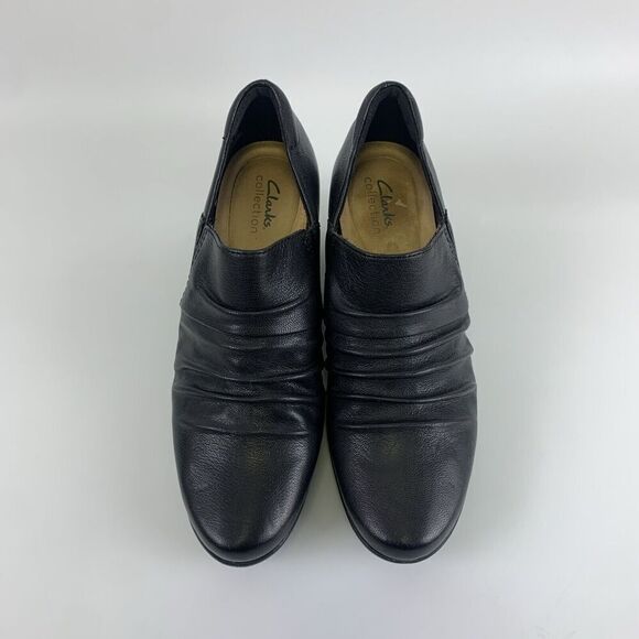 Clarks Emily Cove Pump Black Leather Slip On Low Heel Ruched Round Womens 9.5 - Picture 4 of 13